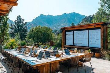 Outdoor meeting space with laptops, whiteboard, and mountain view.