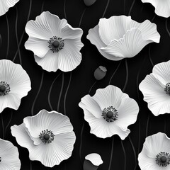 A seamless 3D pattern of stylized poppy flowers in bold monochrome . Seamless abstract 3d pattern background