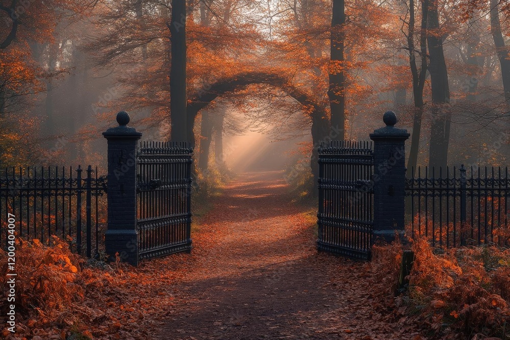 Poster Enchanted Autumn Forest Path with Sunlight Streaming Through Arching Gate
