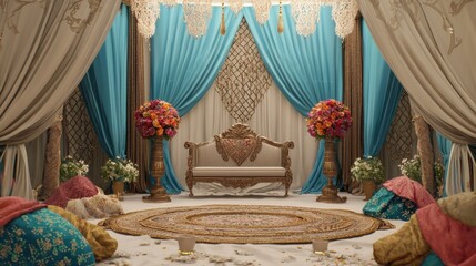 Elegant wedding mandap, indoor ceremony, floral decor, event planning