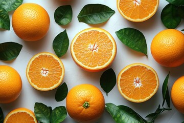 Juicy oranges, leaves, white background. Food photography for recipe blogs