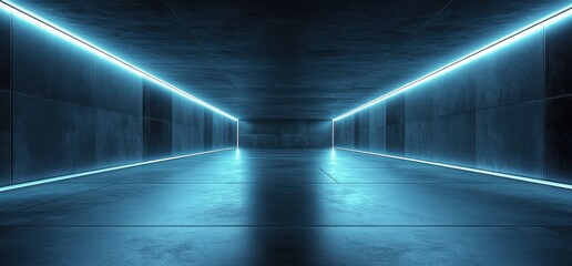 Minimalist Large Empty Room Polished Concrete Floor Soft Neon Lights Tranquility Isolation Gallery Studio Space