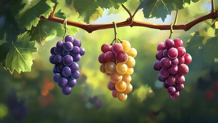 Fototapeta premium Colorful Grapes on the Vine - Artistic Illustration of Nature's Bounty