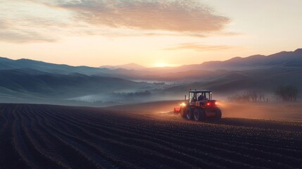 Fototapeta premium A large, advanced seeding machine working in a hilly landscape at dawn