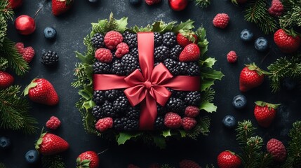 A charming gift nestled among vibrant red berries and lush pine branches, radiating warmth and affection perfect for a romantic Valentine's Day surprise.