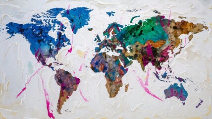 Colorful world map on painted wall background.
