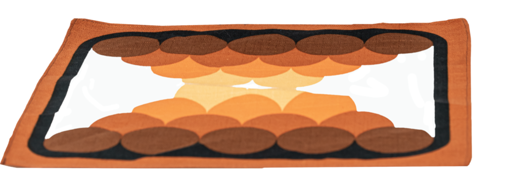 70er Jahre Muster auf einem Stoff in den Farben oragne braun, schwarz, freigestellt