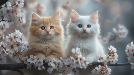 Kittens amongst cherry blossoms, spring garden