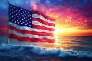 American Flag Waving at Sunset Coast Guard Birthday Celebration Mixed Media Artwork