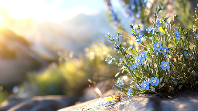 dreamy shot of alpine forget me not flowers blooming in sunlight, showcasing their delicate blue petals and vibrant green surroundings