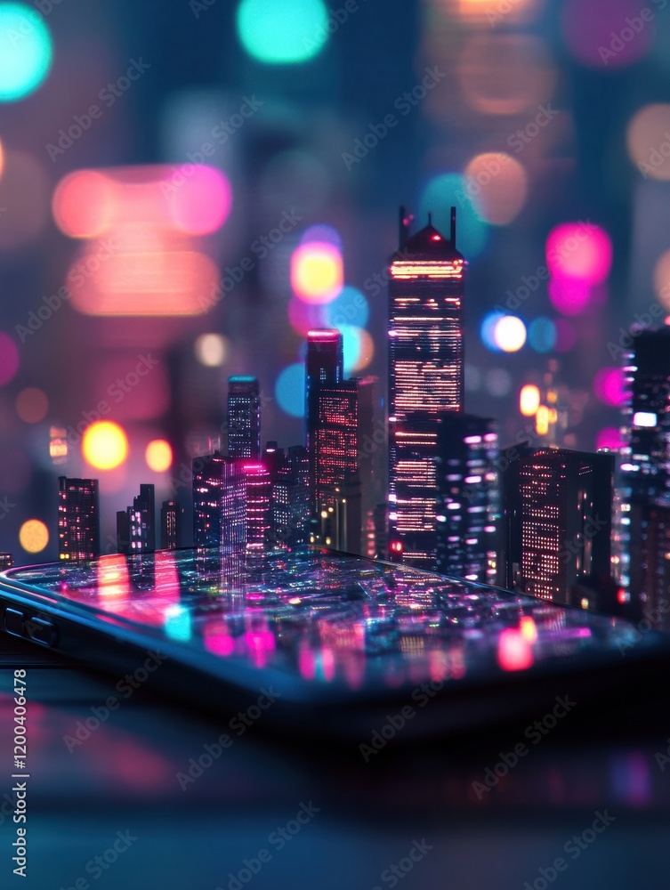 Poster Tiny cityscape emerges from glowing smartphone screen with vibrant lights and intricate details at nighttime. Generative AI