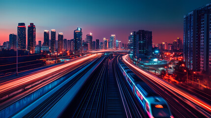 Obraz premium Futuristic cityscape with train. Cyberpunk Cityscape Night. Illustration