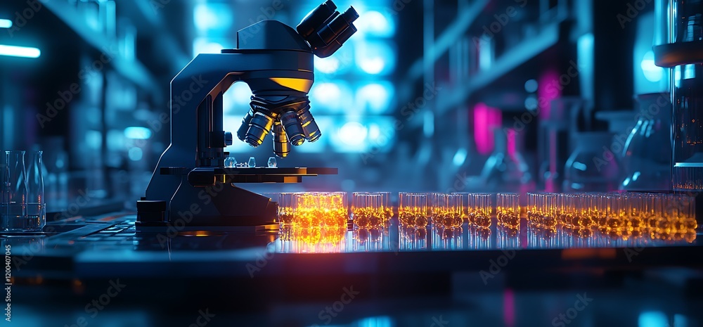Poster lab microscope analyzing samples; vials glow