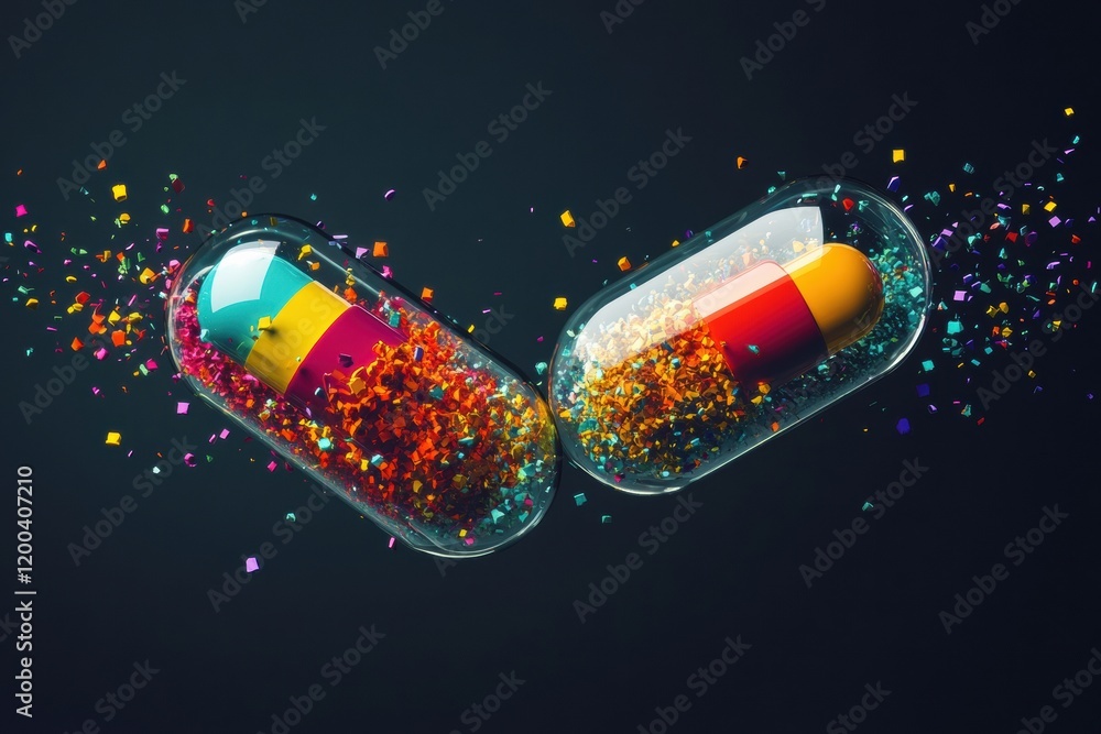Poster colorful particles bursting from a split capsule highlighting vibrant textures and dynamic motion in