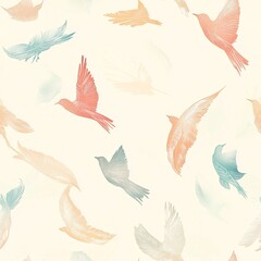 Obraz premium Seamless pattern of pastel colored birds and feathers floating gently in a soft cream background