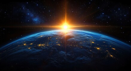 view of earth from space beautiful blue sunrise hyper-realistic dramatic lighting vibrant atmosphere starry background