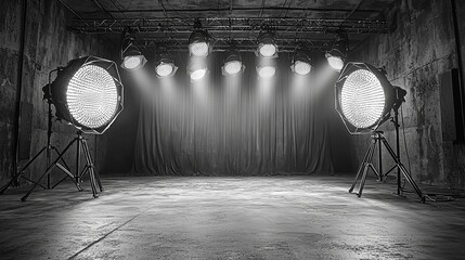 Black and white theater stage with dramatic lighting