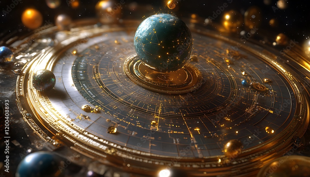 Poster celestial orrery a detailed 3d rendering of a celestial orrery depicting planets orbiting a central 