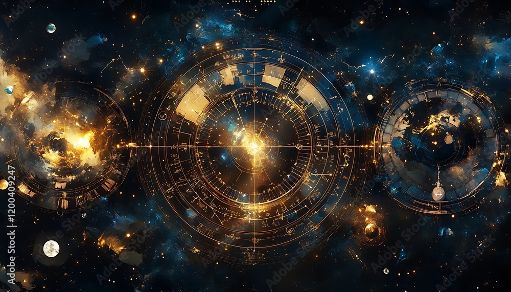Poster cosmic clockwork mechanism with planets and stars in deep space.