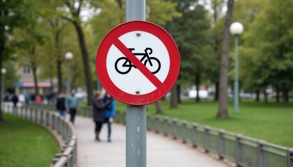 No Bicycle Movement Sign in the Park.Rules. Movement. Restrictions.Urban design, transportation signage, park regulations, street control, traffic planning.Urban mobility with no bicycle movement sign