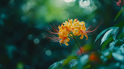 vibrant golden spider lily blooms amidst lush greenery, showcasing delicate petals and striking filaments, evoking sense of tranquility