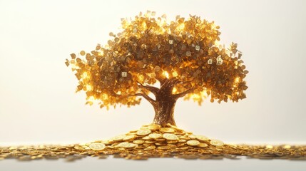 A financial tree with a base of gold coins, a trunk made of financial graphs