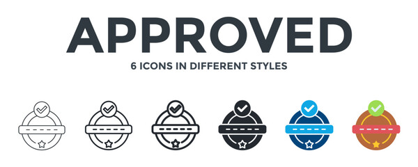 Approved Icon In Different Style Vector Illustration. Designed In Thin Line, Regular Line, Bold Line, Glyph, Color Fill, And Flat Style Can Be Used For Web