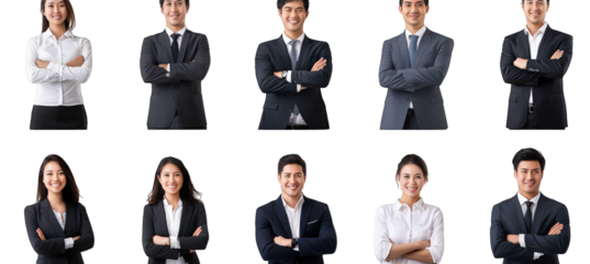 grid of ten individuals. five men and five women. all dressed in professional attire they are posing confidently with arms crossed against a plain white background. showcasing a diverse range of expre