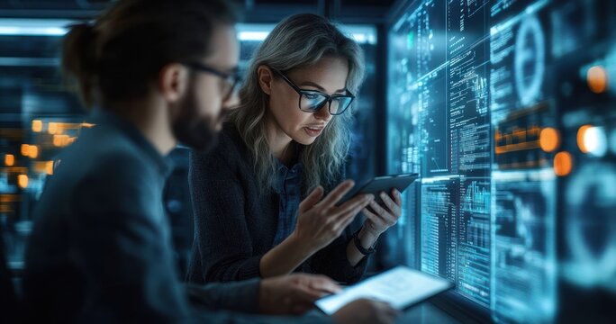 Engineers Discussing Artificial Intelligence Software in High Tech Control Room Using Tablet for Data Analysis