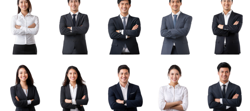 grid of ten individuals. five men and five women. all dressed in professional attire they are posing confidently with arms crossed against a plain white background. showcasing a diverse range of expre