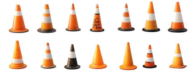 collection of various traffic cones arranged in a grid pattern the cones are primarily orange with white stripes. showcasing different designs and sizes. indicating their use for traffic management. c