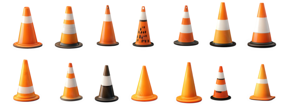 collection of various traffic cones arranged in a grid pattern the cones are primarily orange with white stripes. showcasing different designs and sizes. indicating their use for traffic management. c