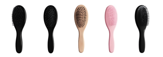 five hairbrushes arranged in a row. showcasing different colors black. beige. pink. and two shades of black the brushes have flexible bristles designed for detangling and smoothing hair. emphasizing t