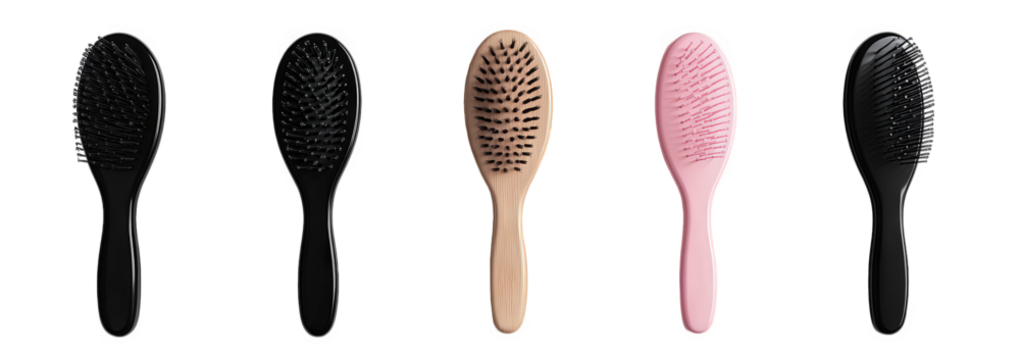 five hairbrushes arranged in a row. showcasing different colors black. beige. pink. and two shades of black the brushes have flexible bristles designed for detangling and smoothing hair. emphasizing t