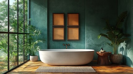Fototapeta premium Luxurious green bathroom, bathtub, plants, sunlight, zen