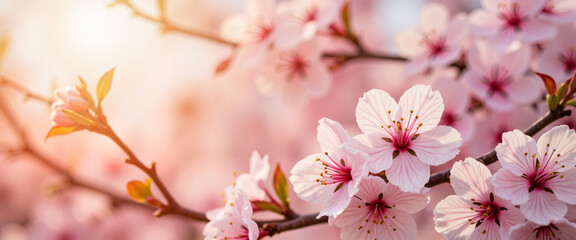Fototapeta premium Cherry blossom petals illuminated by morning sunlight, nature's beauty