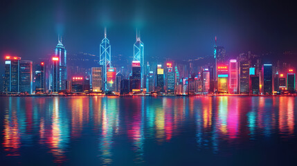 Fototapeta premium A vibrant cityscape with glowing neon lights, reflecting on the water, symbolizing technology, innovation, urban life, and the future. Cyberpunk Cityscape Night. Illustration