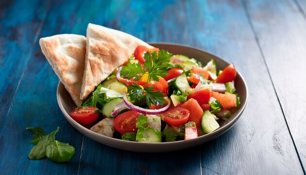 Delicious vegetarian Fattoush or Arab salad with pita bread, fresh vegetables on plate. Generated image
