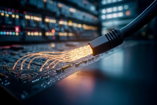 A close-up of a glowing network cable connected to a circuit board, symbolizing technology and connectivity in a modern digital environment.