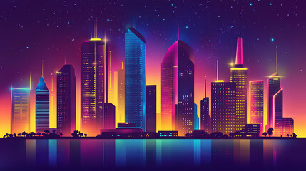 A vibrant, retro-futuristic cityscape with neon lights and a starry night sky. Cyberpunk Cityscape Night. Illustration