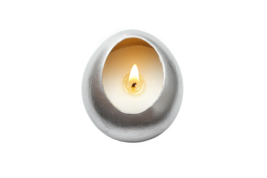 silver-colored egg-shaped candle holder with a lit candle inside the design is minimalist and modern. emphasizing the warm glow of the flame against a clean. white background this decorative piece ser - Powered by Adobe