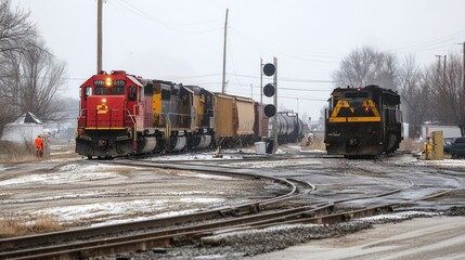 Winter Train Crossing: Freight Locomotives in Snowy Conditions
