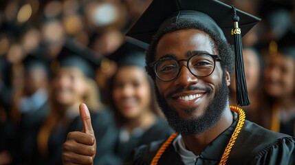 A graduate holding their diploma and giving a thumbs-up, surrounded by family members celebrating the achievement. 173
