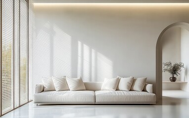 Modern minimalist living room interior design with soft beige sofa and bright natural light