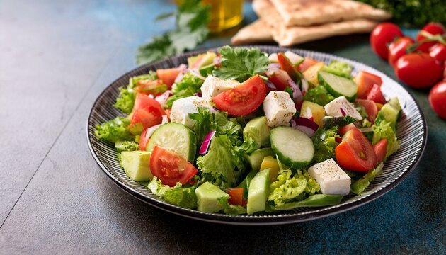 Delicious vegetarian Fattoush or Arab salad with pita bread, fresh vegetables on plate. Generated image