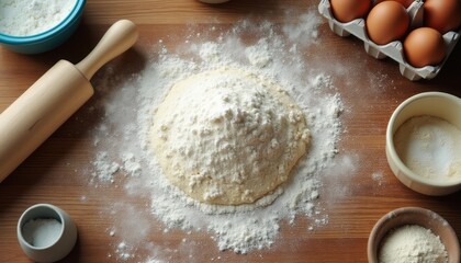 A mound of flour sits at the center of a rustic wooden countertop, surrounded by eggs, measuring cups, and a rolling pin. This inviting scene captures the essence of home baking, evoking warmth and