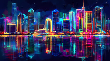 Obraz premium Digital art concept of vibrant neon cityscape with water reflections at night. Cyberpunk Cityscape Night. Illustration