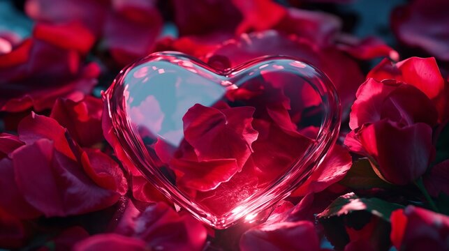 Valentine’s Day glass heart resting on rose petals.Love. Tenderness. Romance.Valentine’s Day, romantic theme, love card, event design, invitations