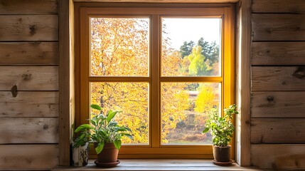 Autumnal view from rustic cabin window