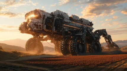Fototapeta premium An ultra detailed, photorealistic image of a massive seeding machine with robotic arms